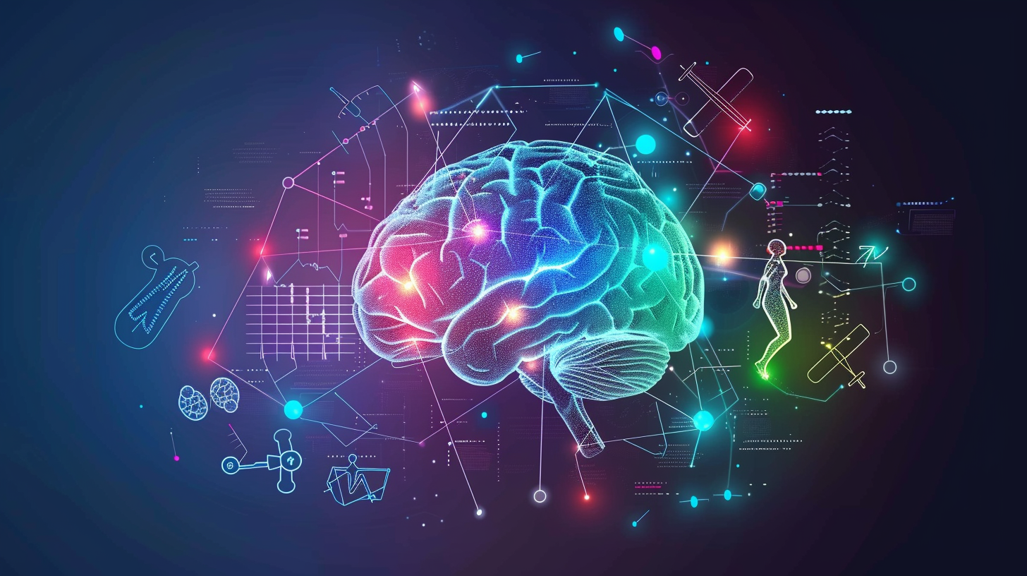 illustration of brain showing dopamine and seratonin molecules