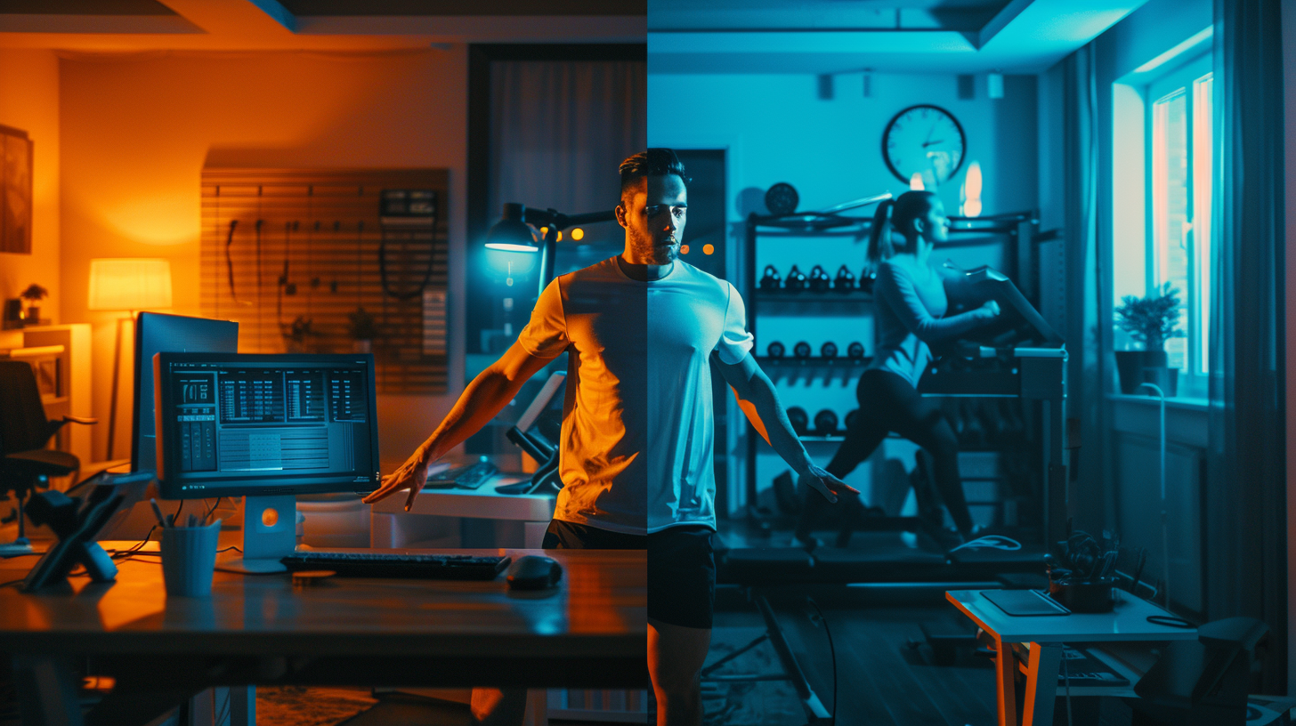 A split screen image demonstrating the struggle between career and fitness demands. Judging by the model's nipples, it's apparently quite cold in the room.